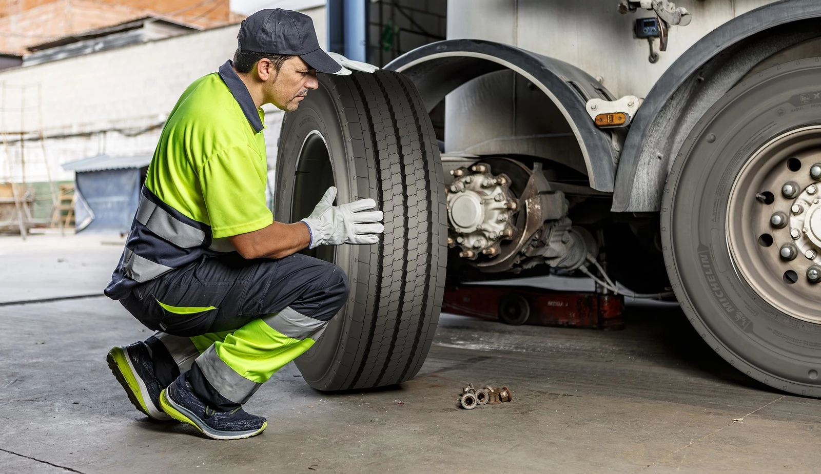 Mechanic inspecting truck tyre